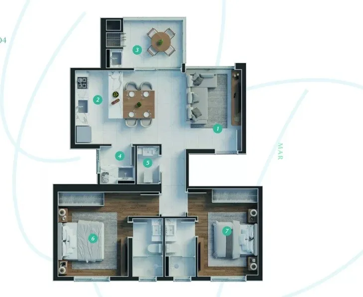 Apartamentos com 2 suítes, vista para o mar, lavabo, living integrado com a cozinha, área de serviço, e 2 vagas de garagem. — foto 5
